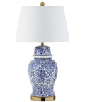 Blue White Ceramic Ginger Jar Table Lamp With White Linen Drum Shade 29.5 Inch Tall Showpiece Classic Chinoiserie Style For Living Room Or Home Office LED Bulb Included ETL Listed And Energy Saving