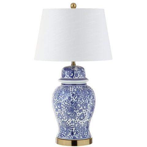 Blue White Ceramic Ginger Jar Table Lamp With White Linen Drum Shade 29.5 Inch Tall Showpiece Classic Chinoiserie Style For Living Room Or Home Office LED Bulb Included ETL Listed And Energy Saving