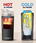 Keep Your Cans Ice Cold Straight Up With This Universal Insulated Can Cooler Sleeve That Fits 12 To 24 Oz Drinks Featuring Love Sparks Graphics. Hot drink on left, cold energy drink on right.