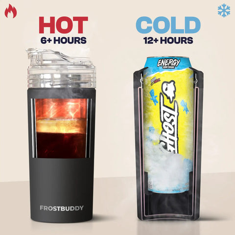 Keep Your Cans Ice Cold Straight Up With This Universal Insulated Can Cooler Sleeve That Fits 12 To 24 Oz Drinks Featuring Love Sparks Graphics. Hot drink on left, cold energy drink on right.