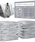 Emergency Mylar Blanket Pack 25 Silver Space Blankets Grab And Go Compact Dual Sided Reflective Heat Retention For Camping Survival First Aid Car Kit NASA Tested showing stacked blankets and packaging