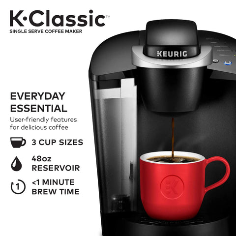 K Classic Single Serve Coffee Maker For K Cup Pods Black Finish With Removable Drip Tray and red mug