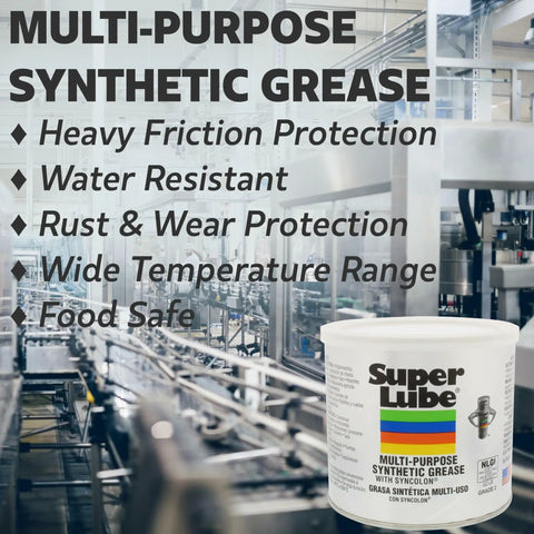 Garage Ready High Temp Multi Purpose Synthetic Grease With SynColon cartridge displayed in industrial setting with features list