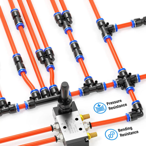 Multiple connections of Orange 6mm OD 4mm ID Polyurethane PU Air Hose Tube Kit 10 Meter Length Flexible Pneumatic Hose installed.