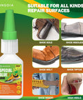 Bottle of Crystal Clear Shoe Glue For Quick Fix And Strong Bond No Fuss Waterproof Adhesive with examples of shoe repair surfaces.