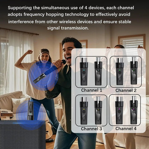 Wireless XLR Mic System With Two Transmitters And One Receiver For Dual Mic Setup, showing channel options and group recording.