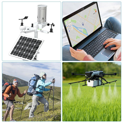 Collage with a drone spraying field, laptop with map, two hikers, and a weather station, related to NEO6M GPS Flight Controller Module 3V5V.