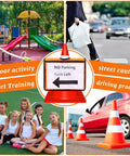 Set Of Six Traffic Cone Sleeve Covers With Pockets For Caution Signs And Outdoor Safety Includes Orange Blue Green Red Purple Colors For Clear Visibility During Training And Events, shown in playground, street, track, parking lot.