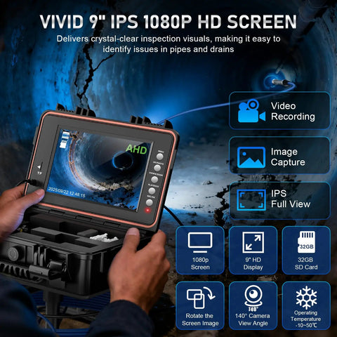 Heavy Duty Sewer Camera With 100ft Self Leveling Drain Scope And 9 Inch HD Screen DVR Recording 512Hz Transmitter Real Time Feed Night Vision Waterproof Pipe Inspection Kit For Home And Pro, 9" display shown