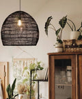 13.75-Inch Rattan Woven Pendant Light With Shades Boho Style Flush Mount Chandelier in cozy room with plants.
