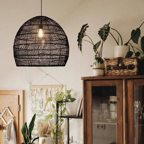 13.75-Inch Rattan Woven Pendant Light With Shades Boho Style Flush Mount Chandelier in cozy room with plants.