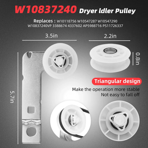 All-In-One Cabrio Dryer Repair Kit with W10837240 Idler Pulley Assembly, featuring triangular design for stability.