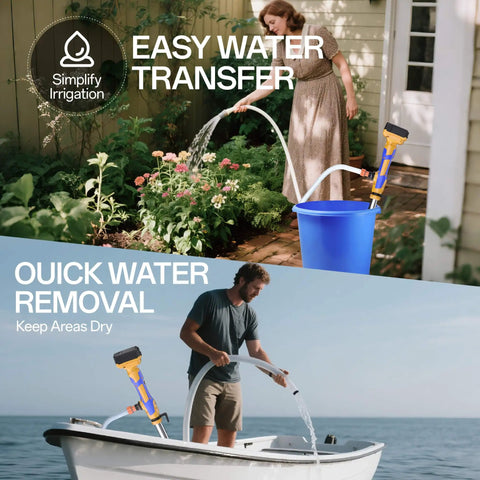 Cordless Water Transfer Pump With 20V Max Battery used for garden irrigation and boat water removal, demonstrating portability