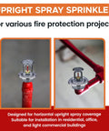 High Grade Chrome Fire Sprinkler Head With Horizontal Upright Spray And Polished Escutcheon Cover Half Inch NPT Connection view on red pipe for installation.