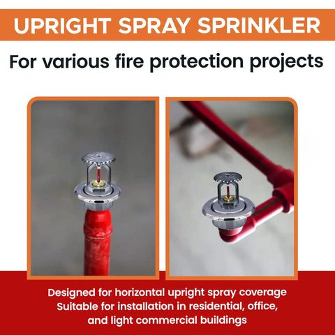 High Grade Chrome Fire Sprinkler Head With Horizontal Upright Spray And Polished Escutcheon Cover Half Inch NPT Connection view on red pipe for installation.