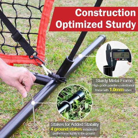 Close-up of Portable 7x7 Baseball Net For Batting And Pitching, showing sturdy metal frame and ground spikes for outdoor stability.