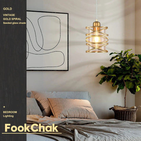 Gold Pendant Light Set Of 3 With Spiral Cage And Seeded Glass Shades For Kitchen Island Dining Room Bar And Sink Area 6.3 Inch Wide E26 Base Modern Farmhouse Vibe Home Lighting in bedroom scene