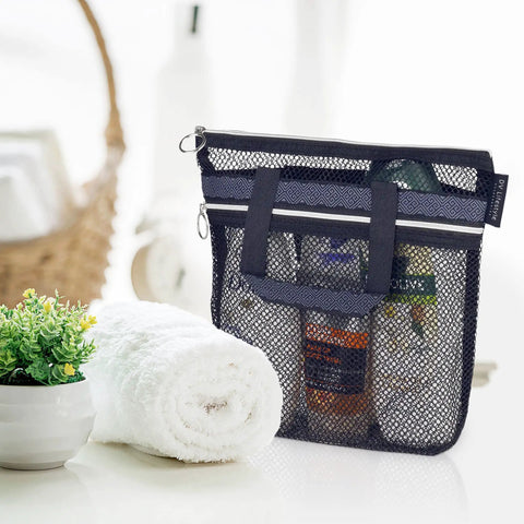 Mesh Shower Bag On The Go With Quick Dry Caddy, Zippered Tote And 2 Pockets, Portable Toiletry Organizer, black, in a bathroom setting