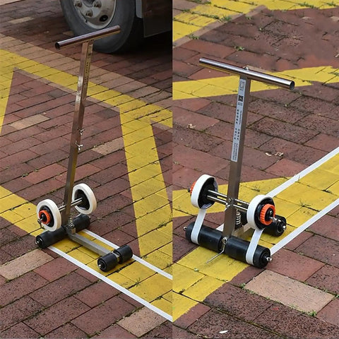 No-Bend Dual Line Floor Tape Marking Tool With Standing Pasting Dispenser For Masking Tape, Painter Roller Ready, Quick Straight Lines On Floors, Walls, Gyms And Warehouses, Pain-Free Back-Saving, stainless steel dual-wheel tape marker on brick paving