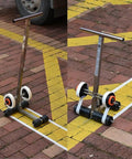 Manual Floor Tape Applicator Dispenser For Masking Tape And Painting Tools Two Line Floor Marking Machine For Walls Floors Warehouses Gyms Set A No Bend Back Saver Must Have For Painters, stainless steel wheels on brick pavement