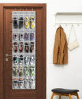 24 Pocket Crystal Clear Over The Door Shoe Organizer Gray 64 Inches High 19 Inches Wide Easy Hang With 4 Point 3 Inch Wide By 9 Point 5 Inch Tall Pockets And Extra Top Row Space Ideal Closet Shoe Storage filled with various shoes hung on a wooden door in a room.