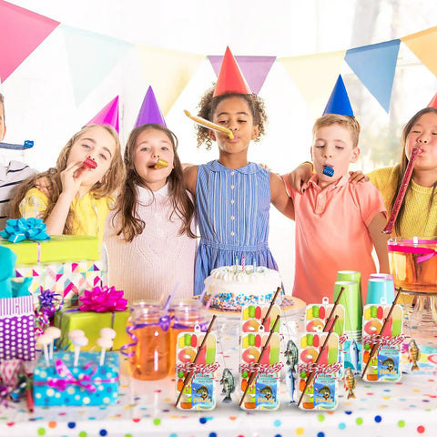 Kids enjoying a birthday party with Gone Fishing Party Favors Kit With 12 Candy Tackle Boxes 12 Mini Fishing Rod Picks and decorations.