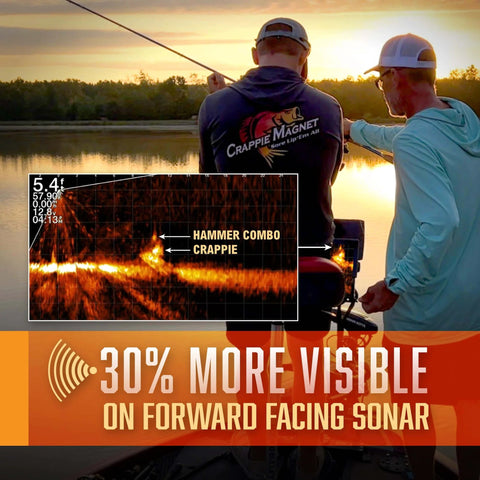 Anglers using Hammer Crappie Fishing Kit with sonar, showing hammer combo crappie detection on screen, emphasis on sonar visibility.