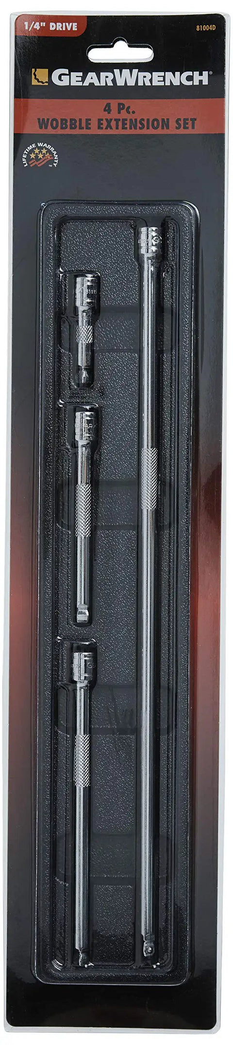 Wobble Extension Set For One Quarter Inch Drive With Two Inch, Four Inch, Six Inch And Fourteen Inch Extensions in packaging