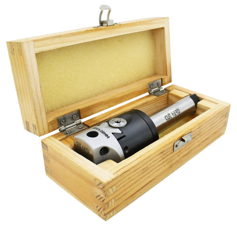 Beast Precision Boring Head, 50mm Body, 10mm Bore, 19mm Travel in wooden box, hard chrome silver and black finish