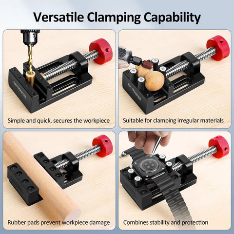 Tiny But Mighty Mini Drill Press Vise With Rubber Soft Jaws Aluminum Precision Clamp 0 To 2.48 Inch Range showcasing clamping versatility for crafts.