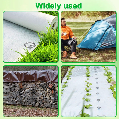Beefy G Shaped 8 Gauge Thickened Galvanized Landscape Staples 120 Pack 6 Inch Ground Cover Pins shown in various uses