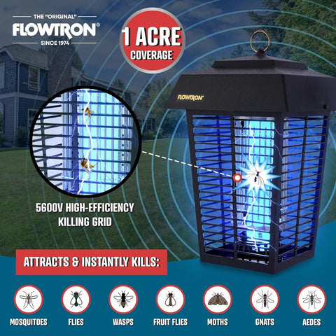Outdoor Bug Zapper For 1 Acre Coverage With 40W UV Bulb And 5600V Kill Grid Mosquito Attractant Cartridge Included Hangable Lantern Insect Trap That Takes Down Flying Pests Fast shown in a backyard setting with highlighted features.