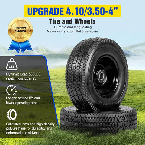Solid Tire Set For Hand Trucks And Wheelbarrows With Ten Inch Flat Free Tires Size Four Point One Zero By Three Point Five Zero Four Five Eighths Inch Axle Bore Two Point Two Inch Hub Offset Includes Adapter Kit Two Pack displayed on grassy field