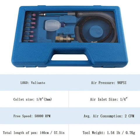 Blue case with Air Micro Grinder Pencil Die Grinder One Eighth Inch Collet 3mm High Speed 58000 RPM Free Speed 90 PSI Quarter Inch Air Inlet 2 CFM tools