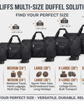 K-Cliffs multi-size duffel bags range with dimensions and recommended uses, from small to super large travel gear packs.