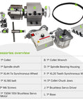 Beefed Up 3 Jaw Lathe Chuck Spindle Assembly With 750W 110V Brushless Servo Motor Drive shown with accessories overview guide.