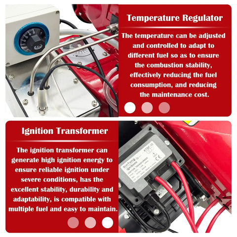 Top Shelf Waste Oil Burner With Air Atomizing Tech For Blazing Shop Heat Multi Fuel Ready Engine Plant Or Diesel Oil Heavy Duty Workhorse For Industrial Heaters Dryers And Kilns 220V Single Phase showing temperature regulator and ignition transformer details.