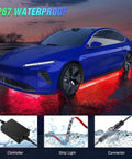 Blue car with Six Piece Dope Underglow Neon Accent Strip Lights With 300 LEDs RGB Multi Color DIY Sound Active Music Mode installed
