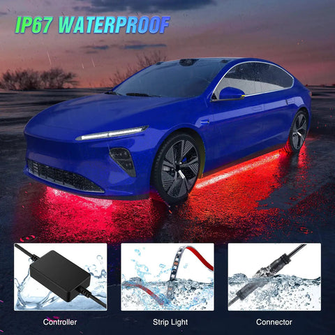 Blue car with Six Piece Dope Underglow Neon Accent Strip Lights With 300 LEDs RGB Multi Color DIY Sound Active Music Mode installed