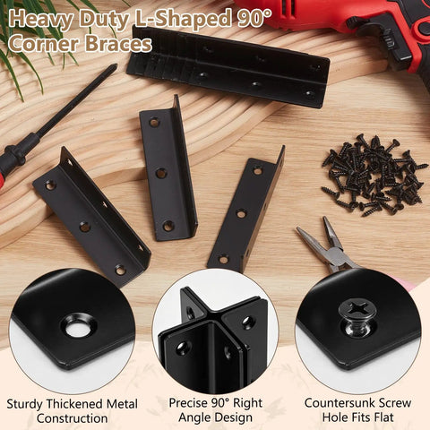 20 Pack Heavy Duty Metal L Brackets For Wood With Screws shown with tools and screws on wood surface