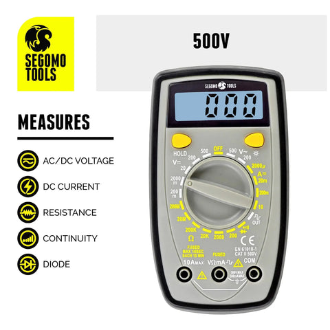 500 Volt Digital Multimeter With Backlit LCD Display for AC and DC Voltage, DC Current, Resistance, Diodes, Continuity