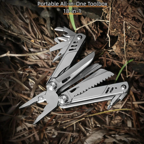 Everyday Carry Ready Eighteen In One Stainless Steel Multitool Pliers with tools unfolded on forest floor