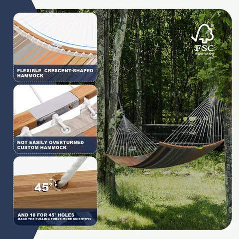 11 Ft Quick Dry Hammock With Folding Curved Bamboo Spreader Bar, Totally Portable Outdoor Hammock For Camping, Patio Or Beach, Water Resistant And UV Resistant, Two Person Comfort, 77 In By 55 In, 450 Lb Capacity