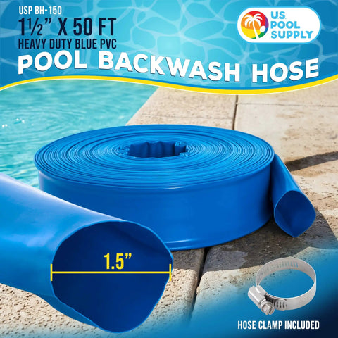 Heavy Duty 1.5 Inch By 50 Foot Pool Backwash Hose With Clamp For Filter Backwash And Pool Drainage Flexible Lay Flat Blue
