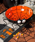 Straight Up Spooky Halloween Table Runner 14X72 Inches Reusable 100 Percent Cotton Fabric for themed decor with spider bowl.