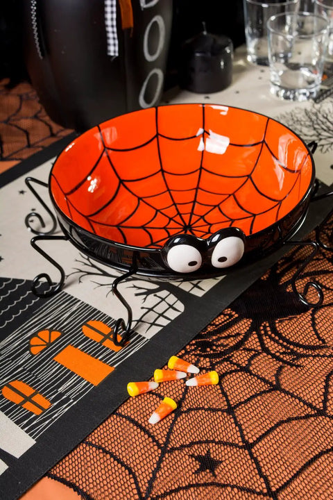 Straight Up Spooky Halloween Table Runner 14X72 Inches Reusable 100 Percent Cotton Fabric for themed decor with spider bowl.