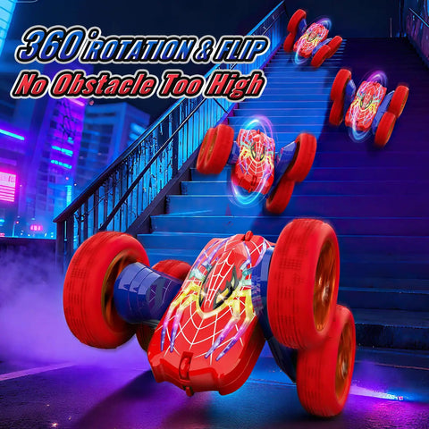 Glowing Eyes 360 Flip RC Car With Lights, 2.4GHz 4WD on stairs, showcasing glowing effects and stunt capabilities at night.