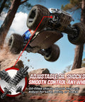 Fast RC Truck For Adults Upgradable To 56 MPH 4x4 Off Road All Terrain Beefy Monster in mid-air showing adjustable oil shocks