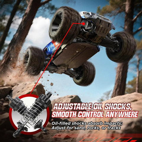 Fast RC Truck For Adults Upgradable To 56 MPH 4x4 Off Road All Terrain Beefy Monster in mid-air showing adjustable oil shocks