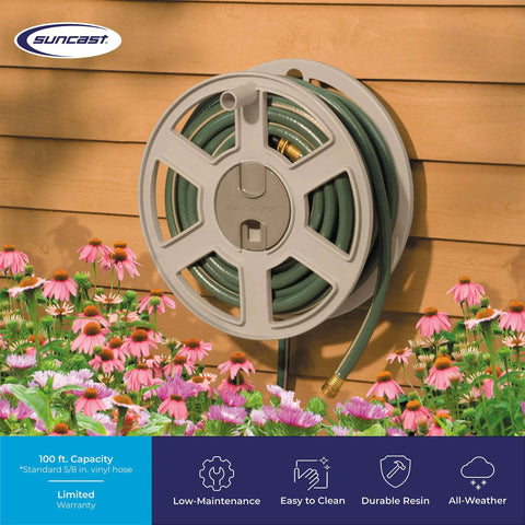100 Ft Garden Hose Holder Wall Mount With Manual Retractable Sidewinder Hose Reel For Outdoor Use Heavy Duty Space Saving Taupe Resin